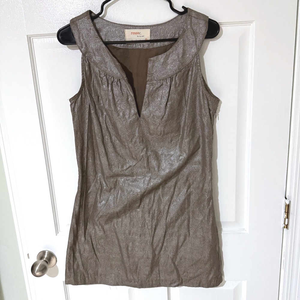 Renee C. Bronze Metallic Floral Damask Jacquard V-Neck Tunic Top Large
